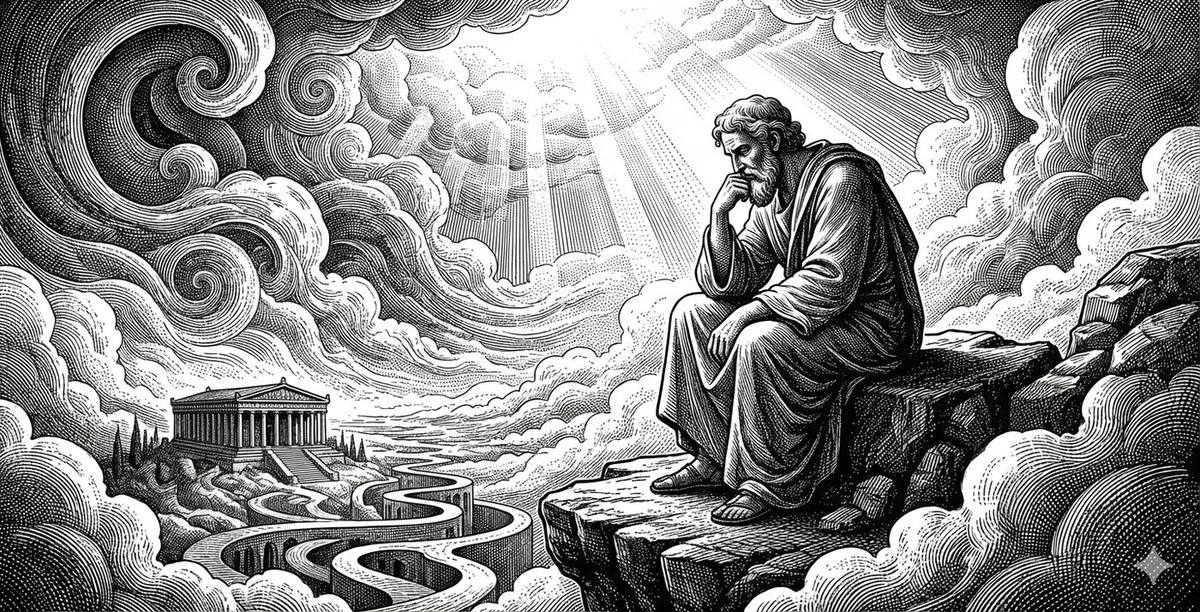 A thinker sitting on a rock above the clouds