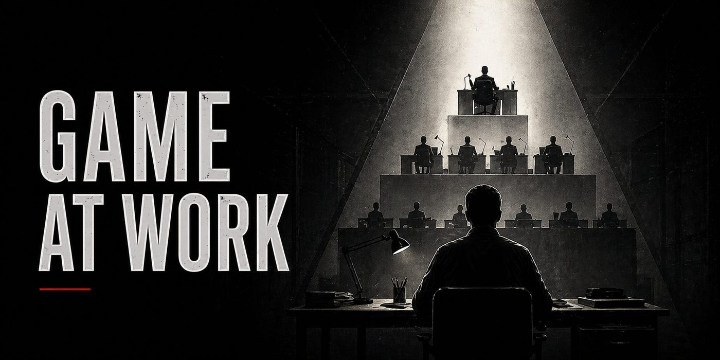 A pyramid of desks under a spotlight, with a lone engineer at the bottom