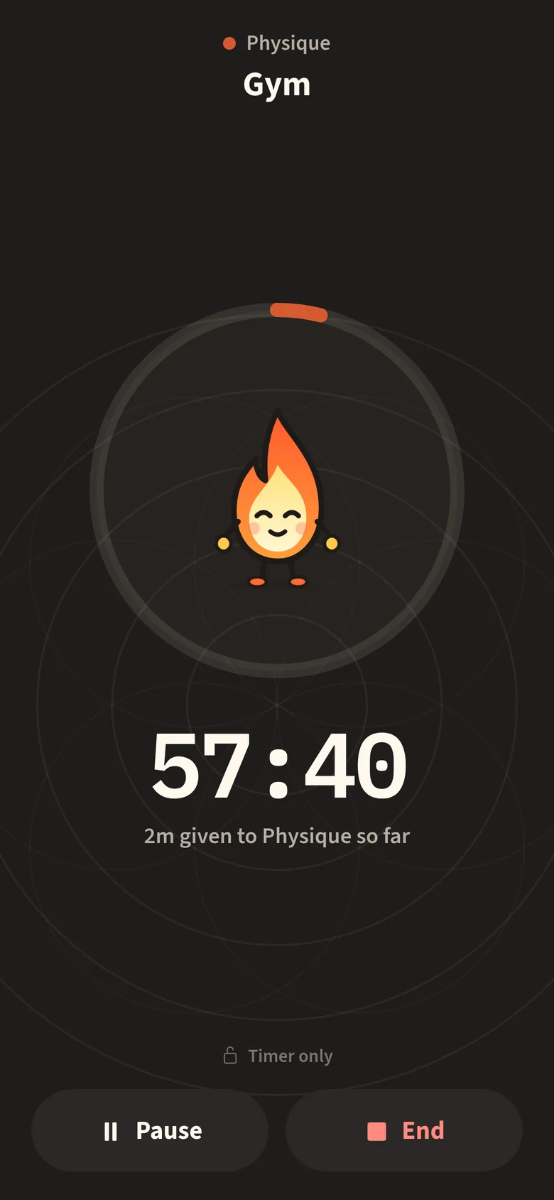 A focus session on Gym: a 60 minute timer with Flick, the flame