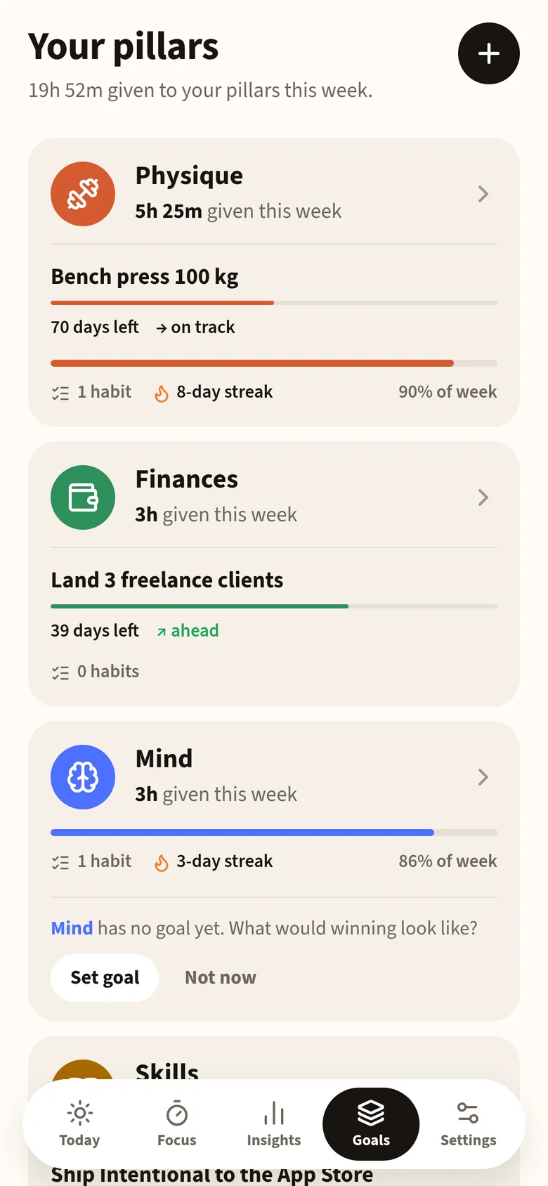 Your pillars: Physique, Finances, Mind, each with its goal and the hours given this week
